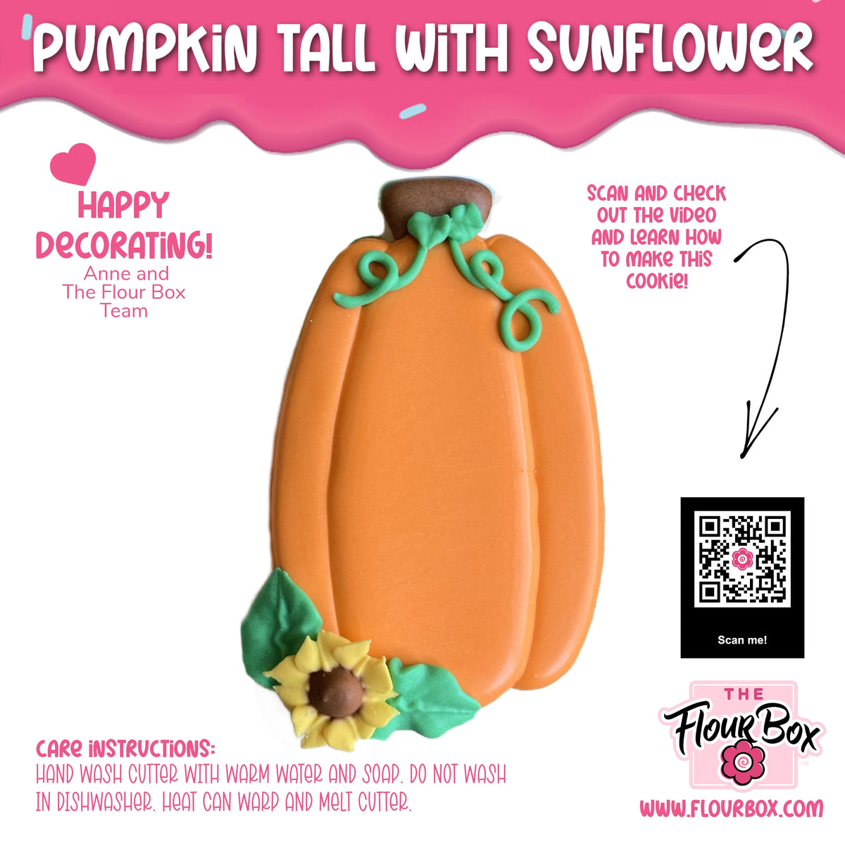 Orange pumpkin-shaped cookie with green vine details and sunflower decoration made using pumpkin tall cookie cutter