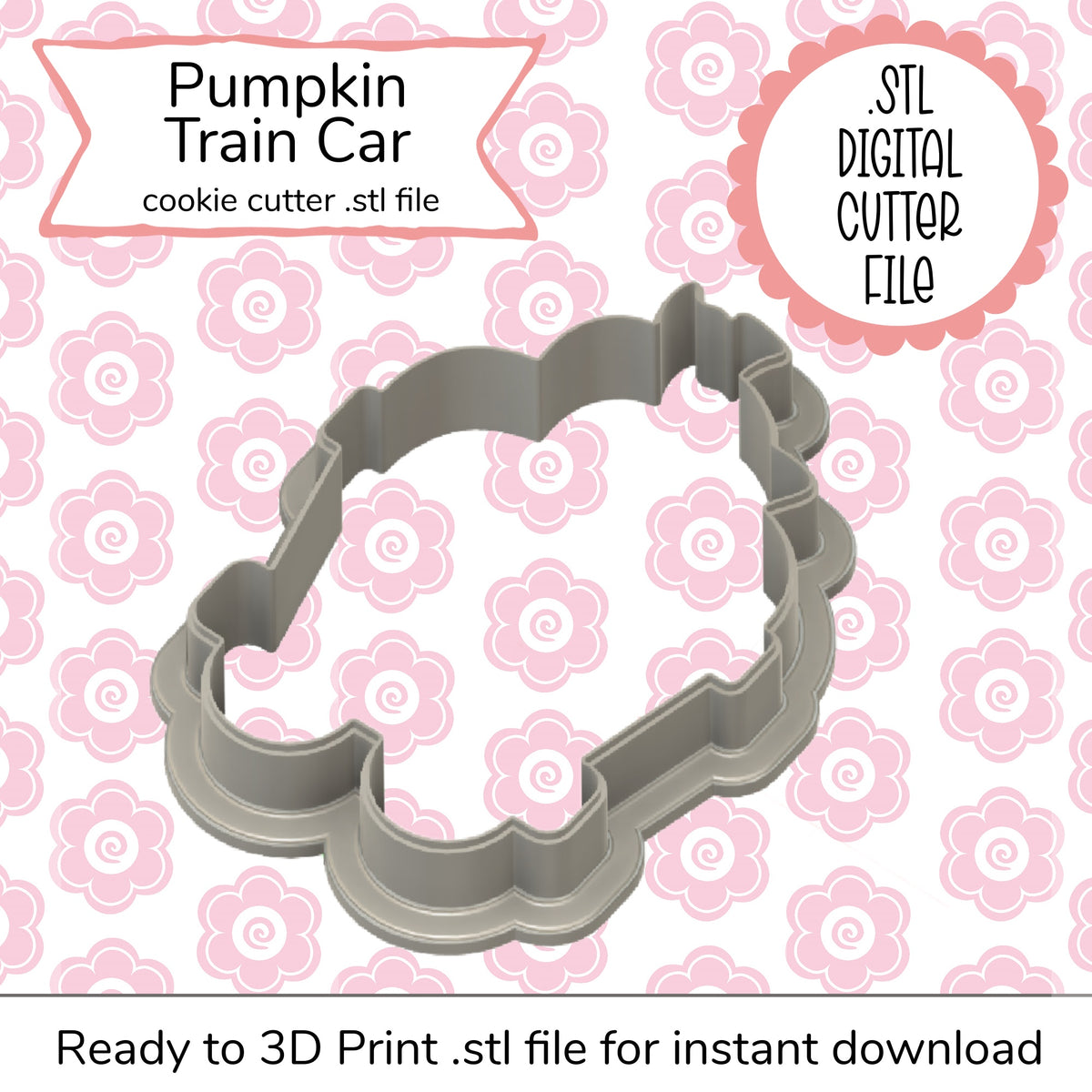 Gray pumpkin-shaped train car cookie cutter with scalloped edge design digital STL file for baking and crafting