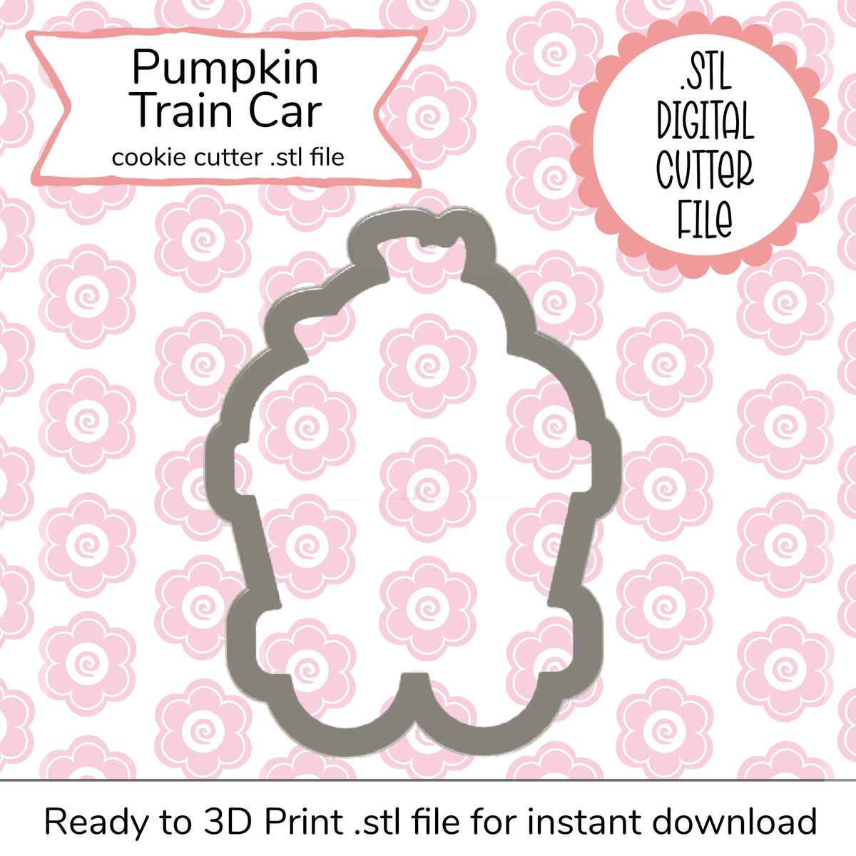 Gray pumpkin train car cookie cutter in digital stl file format for 3d printing and crafting projects