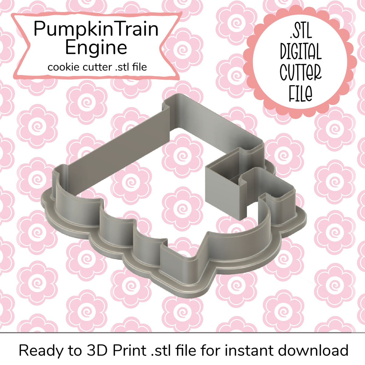 Gray plastic cookie cutter shaped like a pumpkin train engine for baking and crafting pumpkin train engine cutter STL file