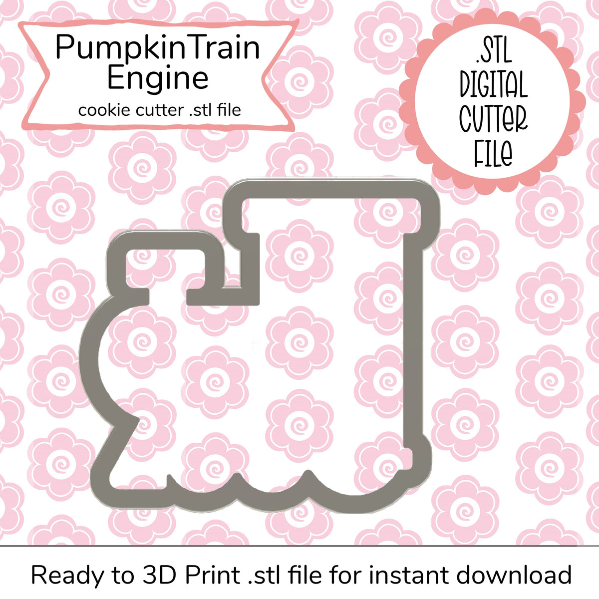 Gray metal cookie cutter shaped like a pumpkin train engine for pumpkin train engine cutter STL file digital design