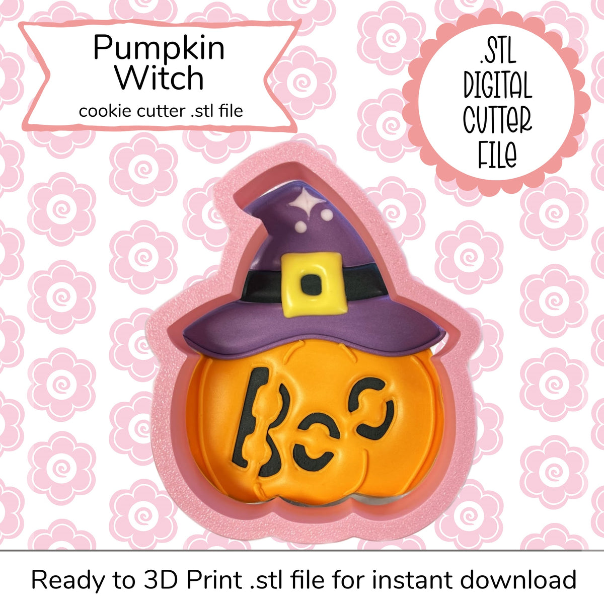 Pink silicone pumpkin witch cookie cutter with orange body purple hat and boo cutout for halloween baking