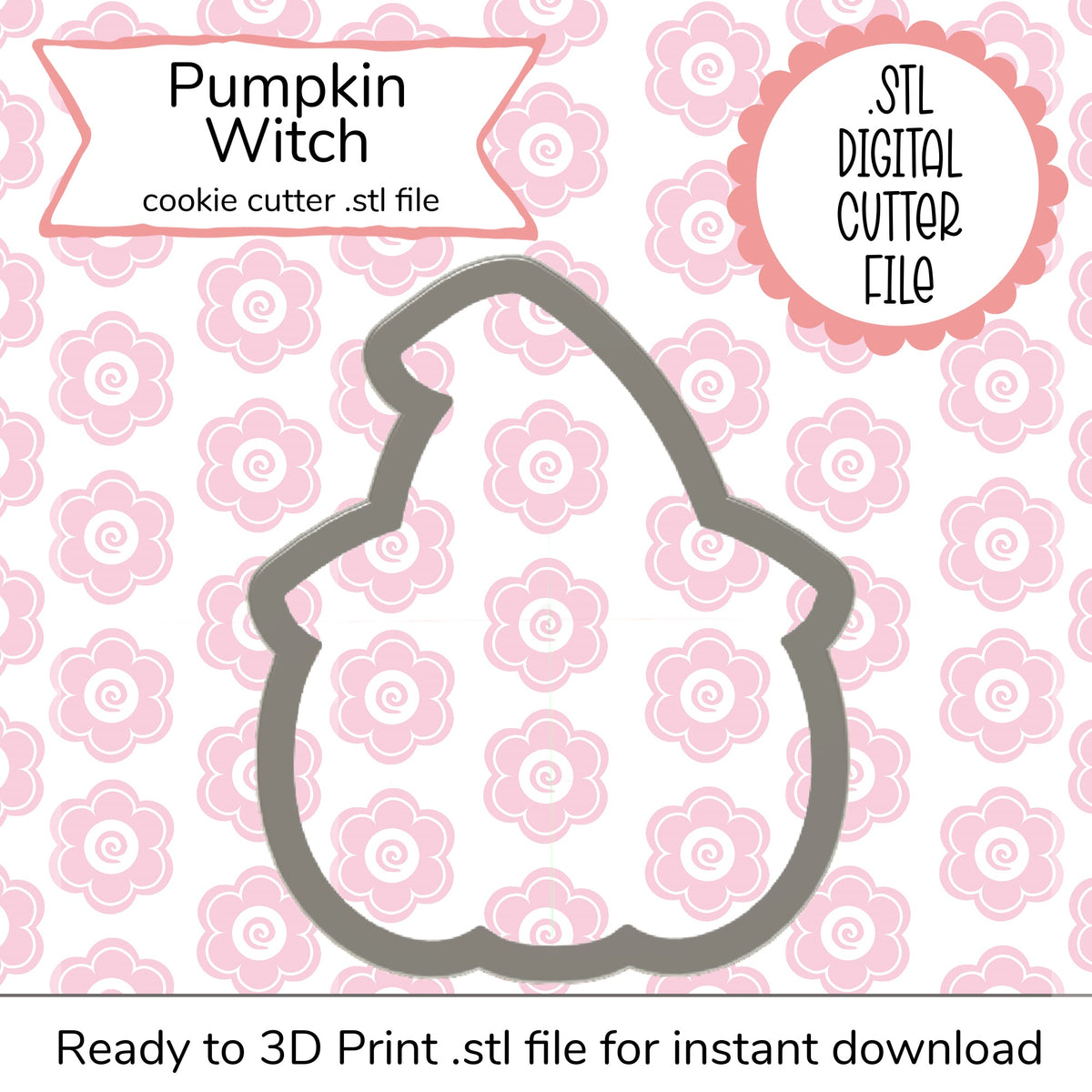 Gray pumpkin witch cookie cutter stl file with smooth metallic finish and intricate silhouette for halloween baking