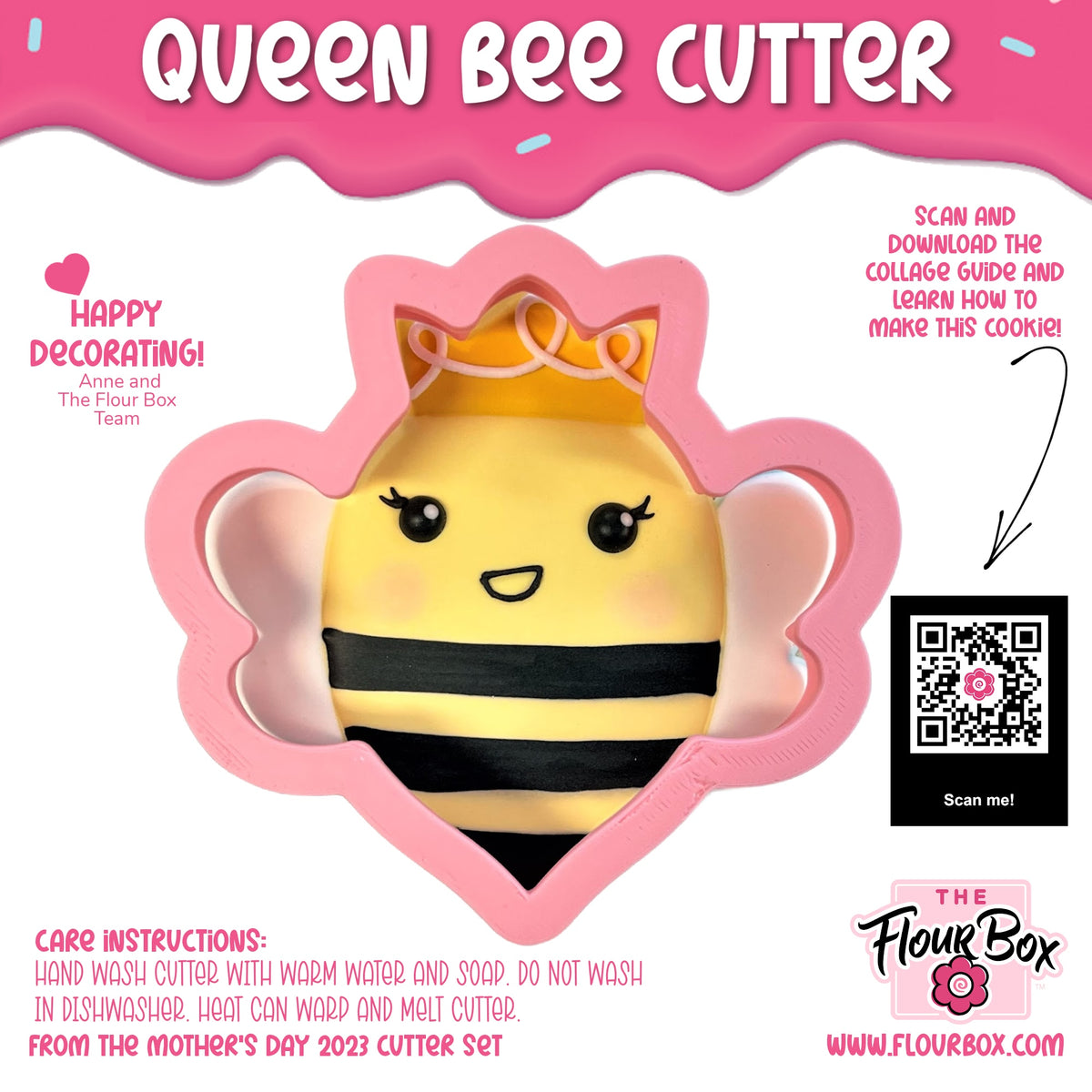 Pink plastic queen bee cookie cutter with yellow and black striped body crown and wings for baking use