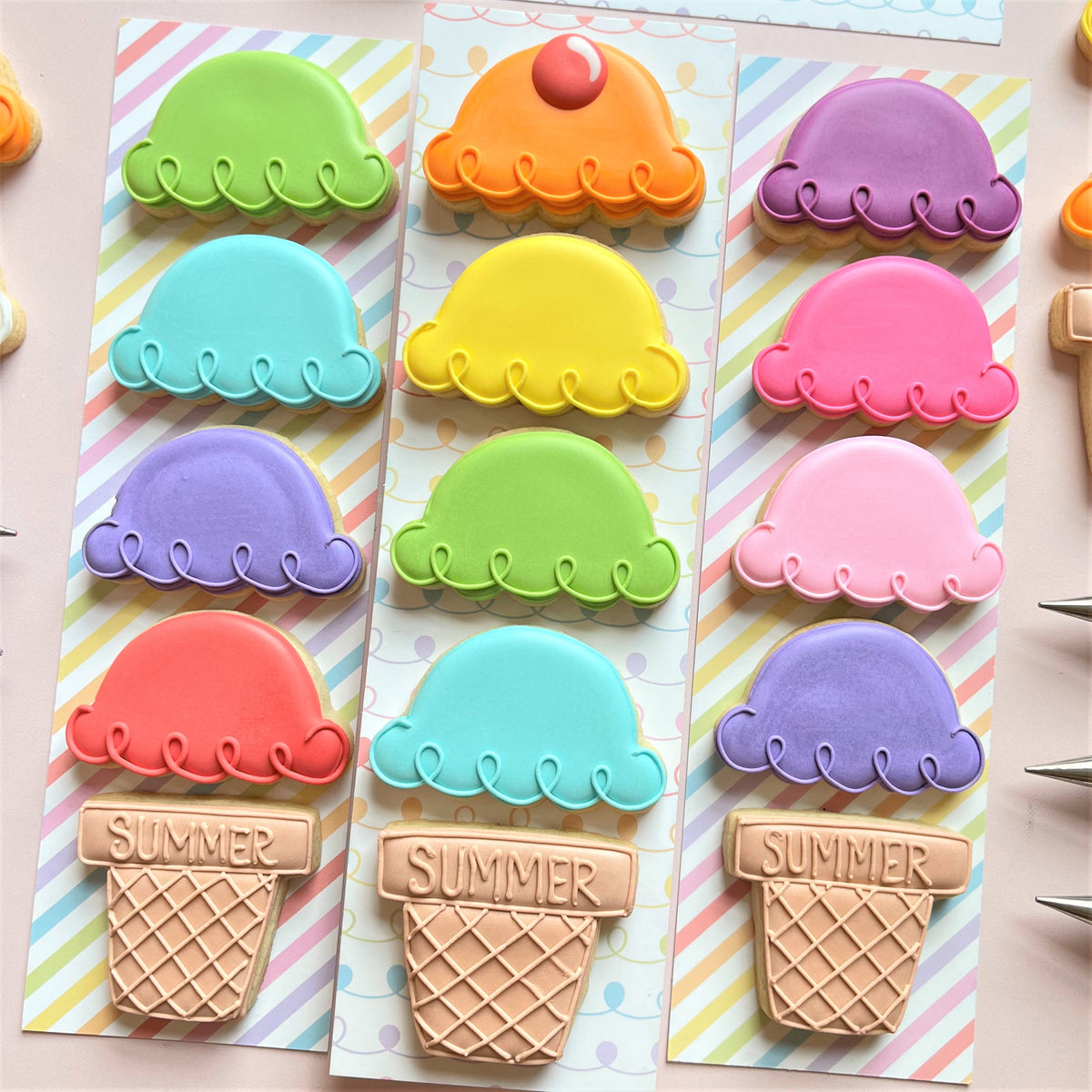 Colorful ice cream shaped cookies with waffle cone bases engraved summer made with mini ice cream scoop and cone cookie cutter set