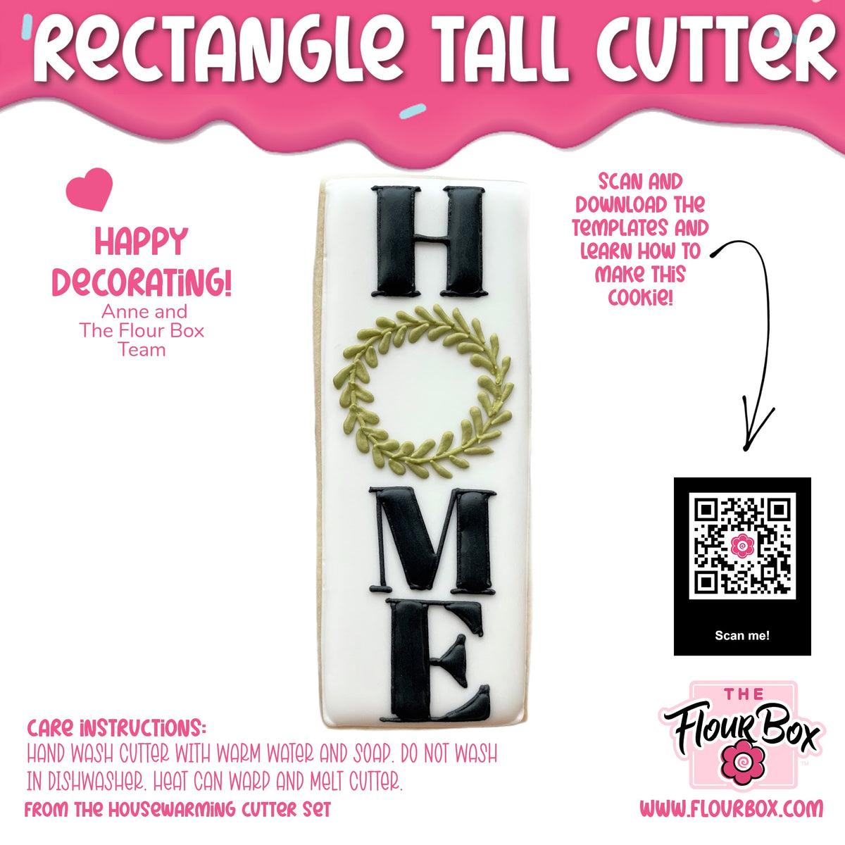 White rectangular tall cookie decorated with black home lettering and green leafy wreath made with rectangle tall cookie cutter