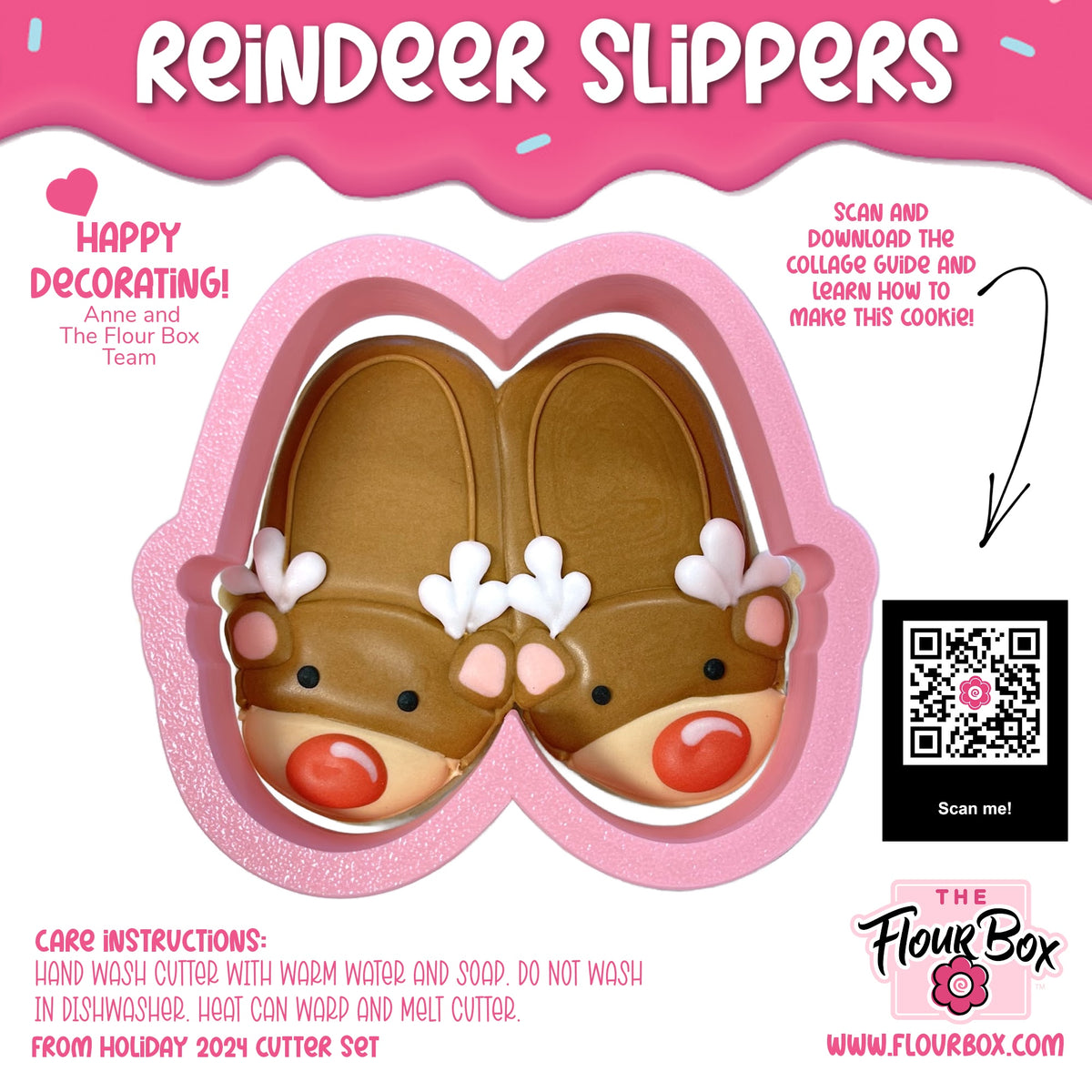 Brown reindeer slippers cookie cutter with white antlers pink nose and glittery pink heart-shaped outline