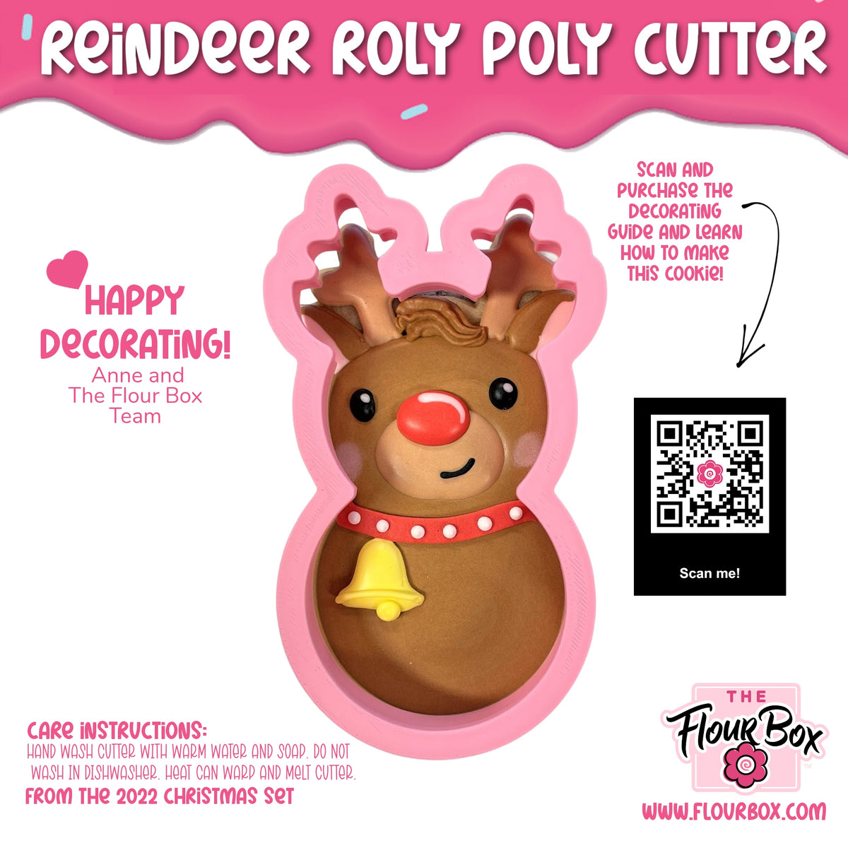 Reindeer roly poly cookie cutter pink silicone with brown antlers red nose black eyes and yellow bell collar