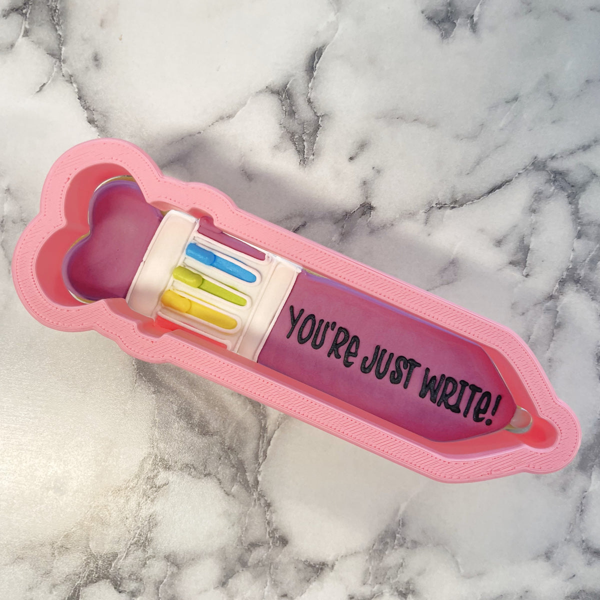 Retro click pen cookie cutter pink silicone pen-shaped mold with heart top and colorful marker inserts with you’re just write text