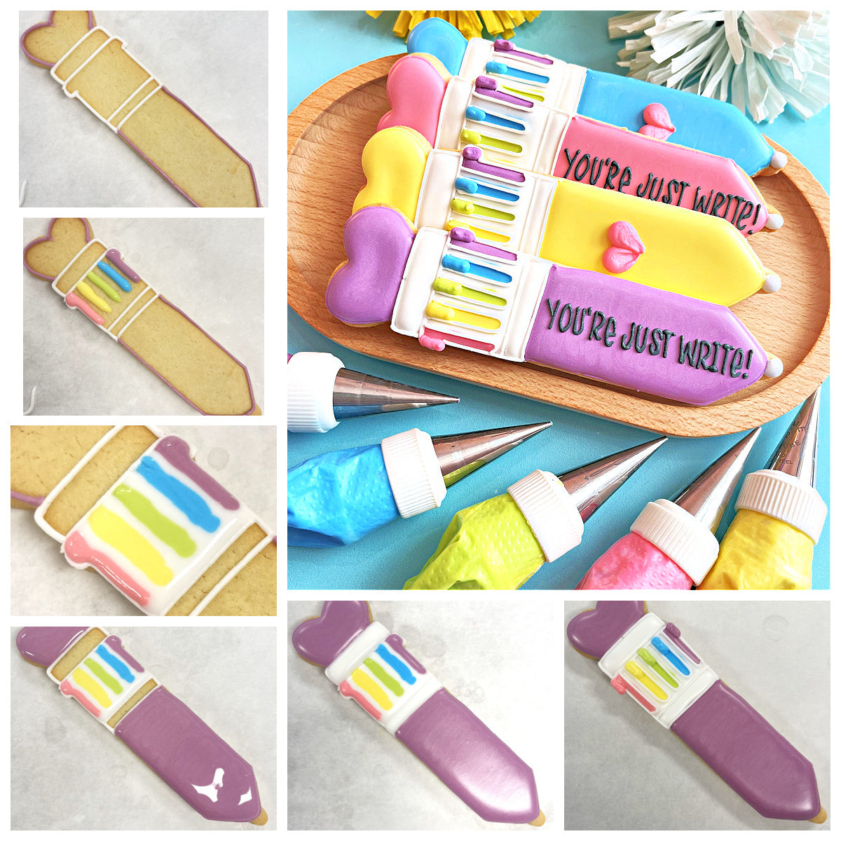Pastel-colored pencil-shaped cookies decorated with colorful icing and the phrase youre just write using retro click pen cookie cutter