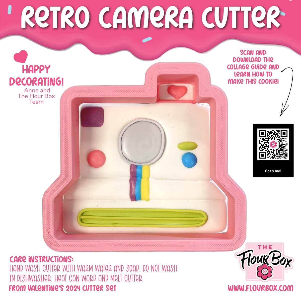 Pink retro camera cookie cutter with white interior and colorful candy-like rainbow stripes and heart accents