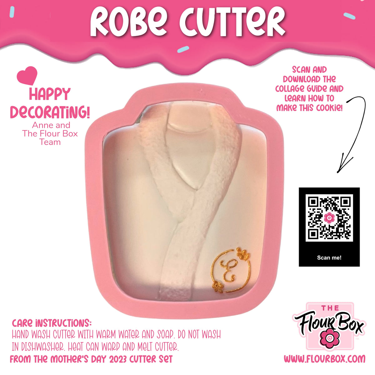 A pink silicone robe cookie cutter with beige interior and gold decorative embroidery for baking use