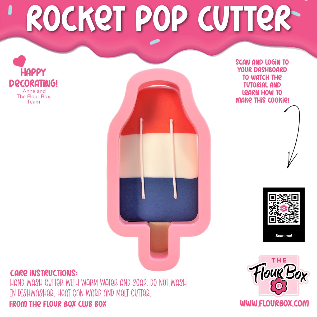 Pink silicone rocket pop flour box club cookie cutter with red white and blue striped design for cookies