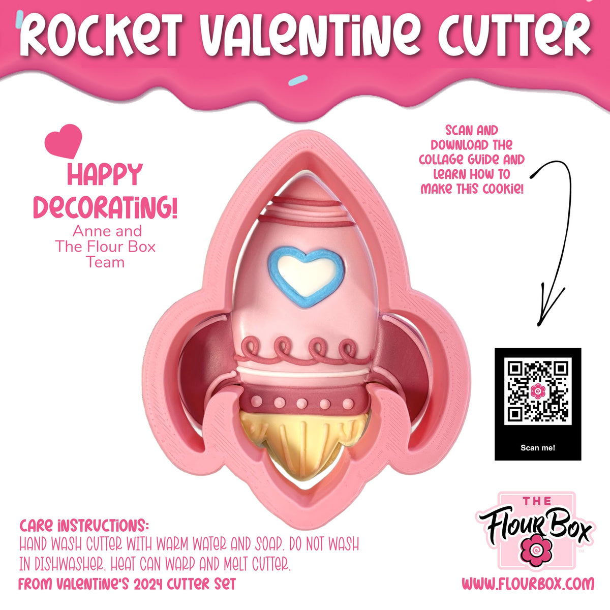 Pink rocket Valentine cookie cutter with blue heart detail and gold-colored flame design for baking and decorating
