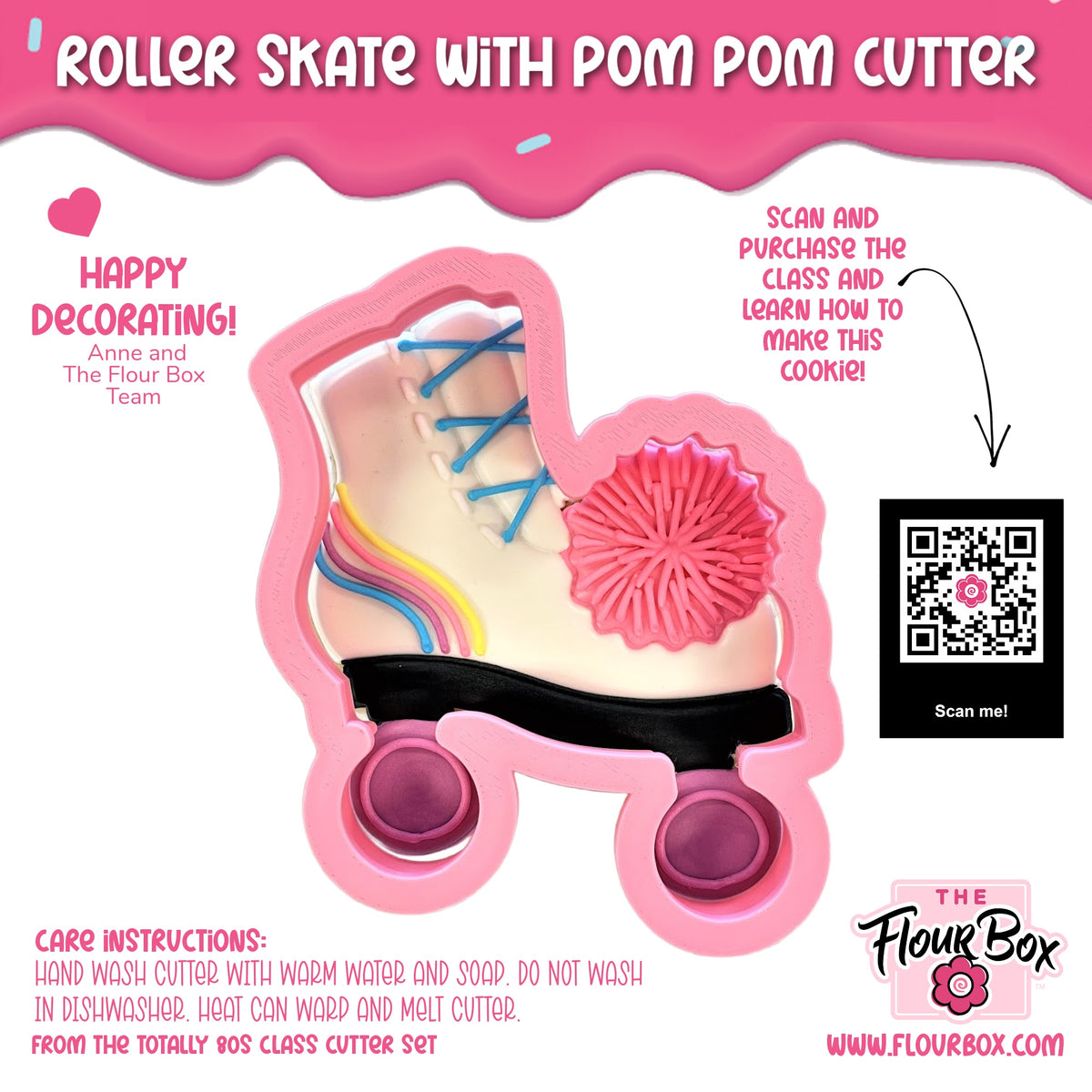 Pink roller skate cookie cutter with pom pom detail blue laces and rainbow stripes for baking and crafting
