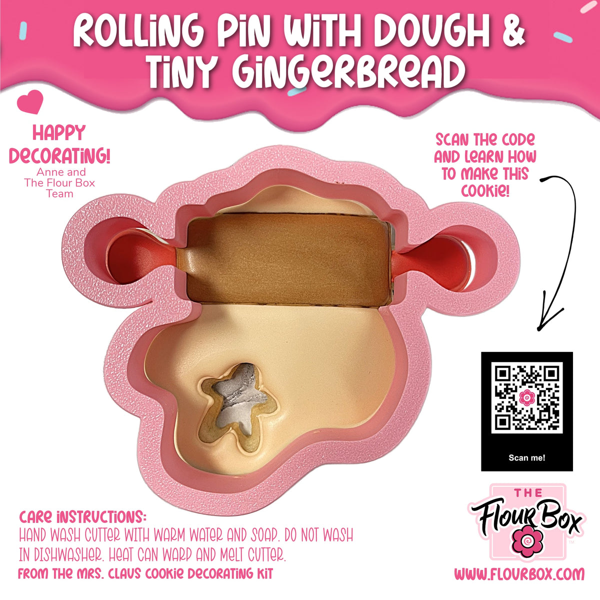 Pink cloud shaped cookie cutter with tiny gingerbread dough and brown wooden rolling pin for baking use
