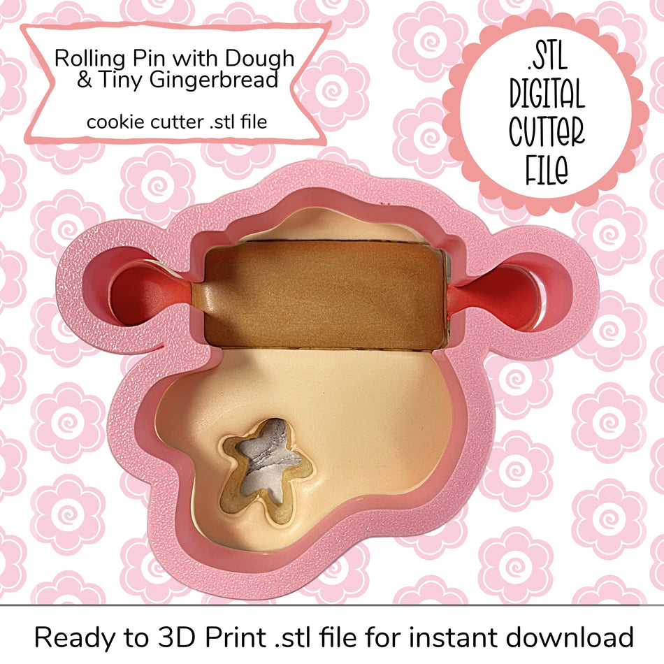 Rolling Pin with Dough & Tiny Gingerbread Cutter STL File (digital file)