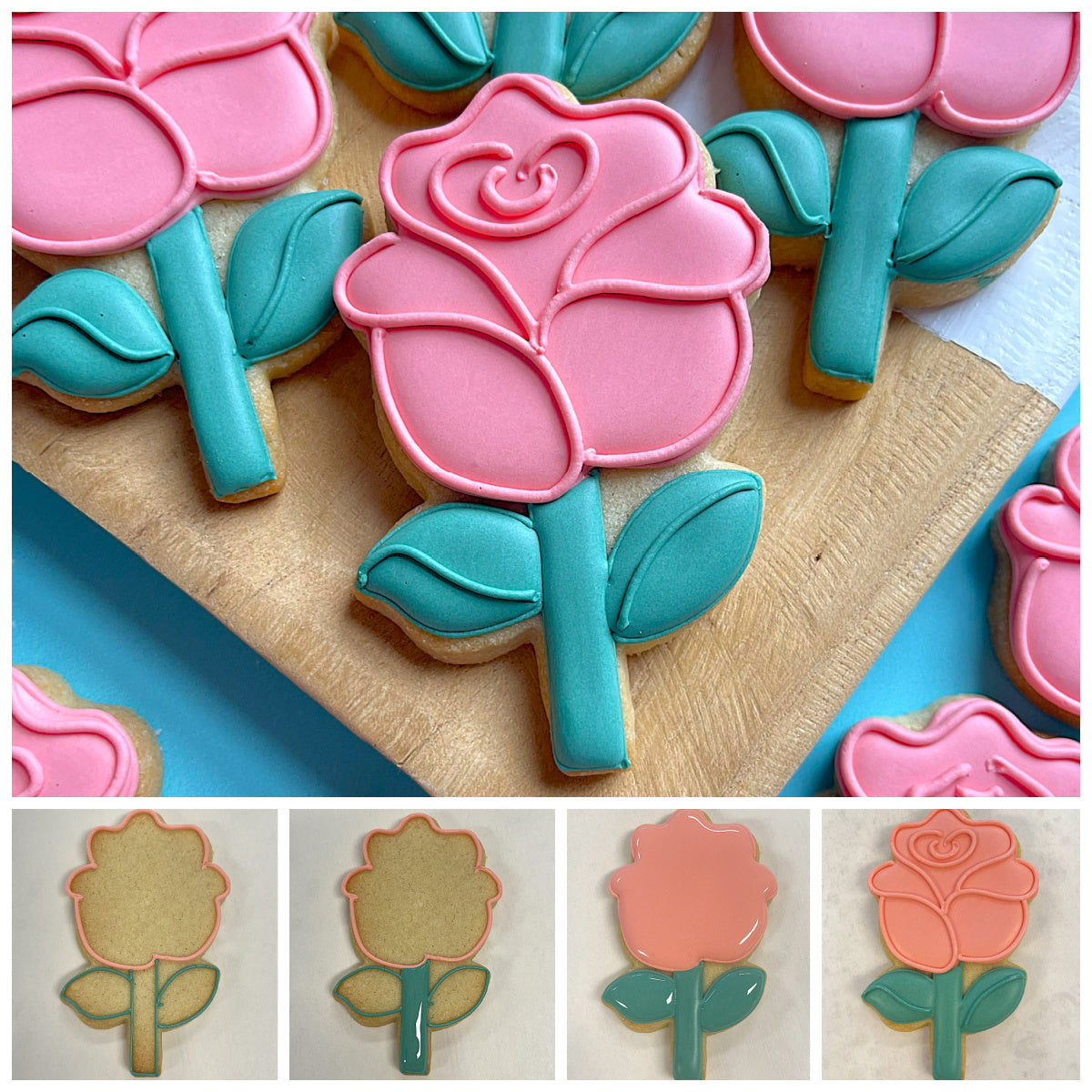 Pink rose-shaped sugar cookie with teal icing petals and leaves made using rose with stem cookie cutter