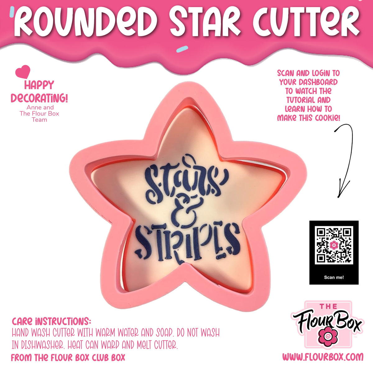 Pink rounded star flour box club cookie cutter with metallic interior and navy blue stars and stripes text