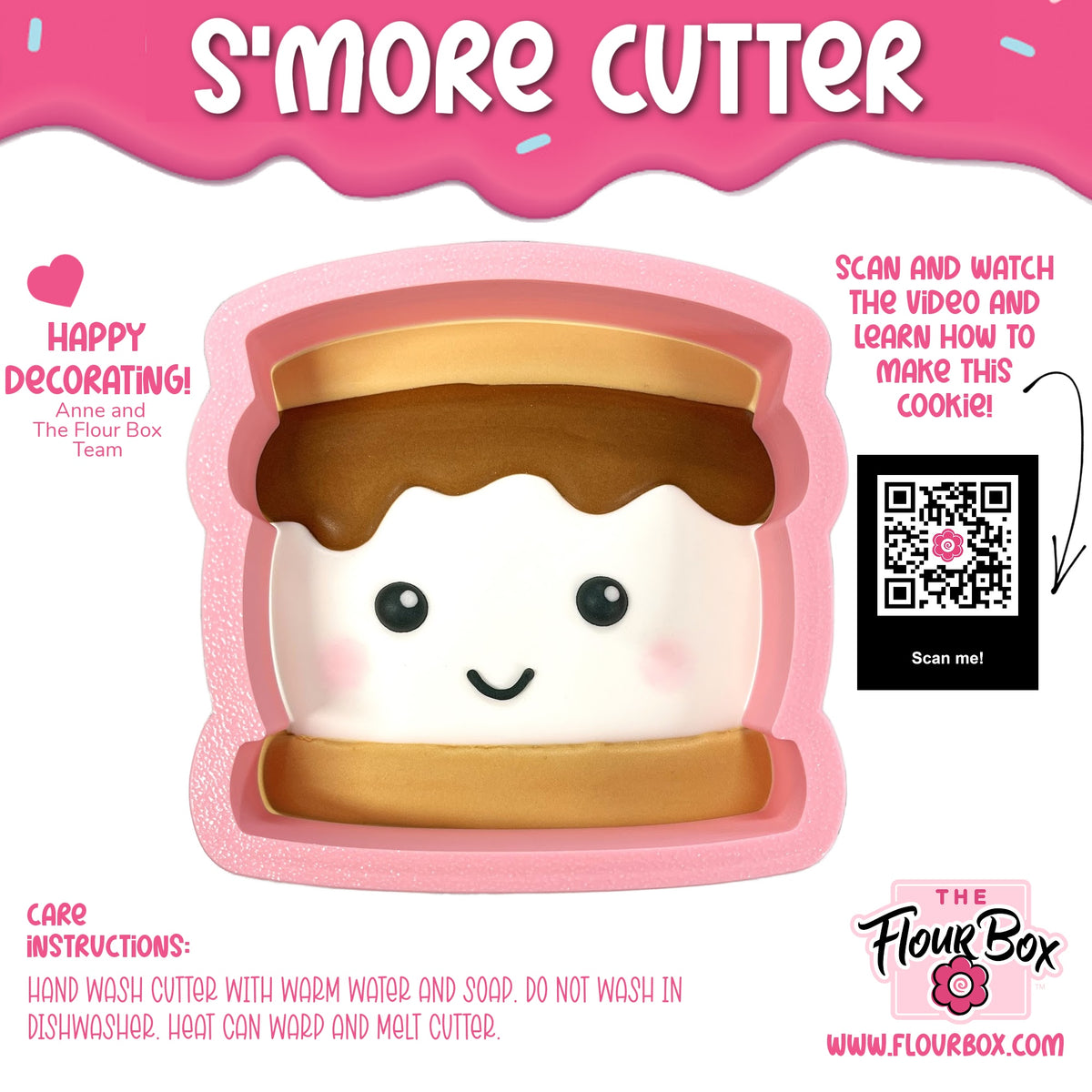 Pink silicone s’more cookie cutter shaped like a smiling marshmallow with chocolate syrup and graham cracker layers
