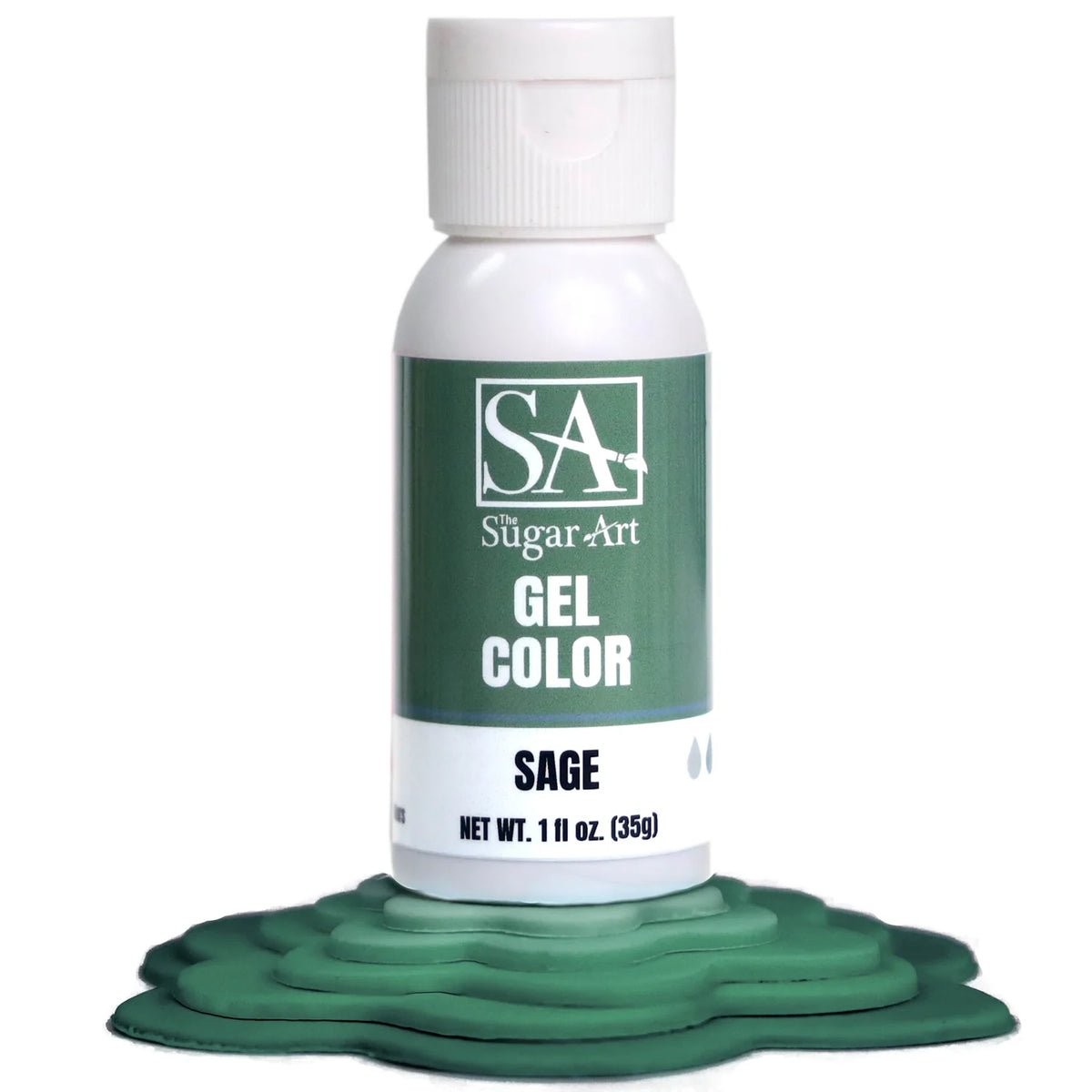 A small white bottle of The Sugar Art gel color in sage with a matching green gel spread beneath it