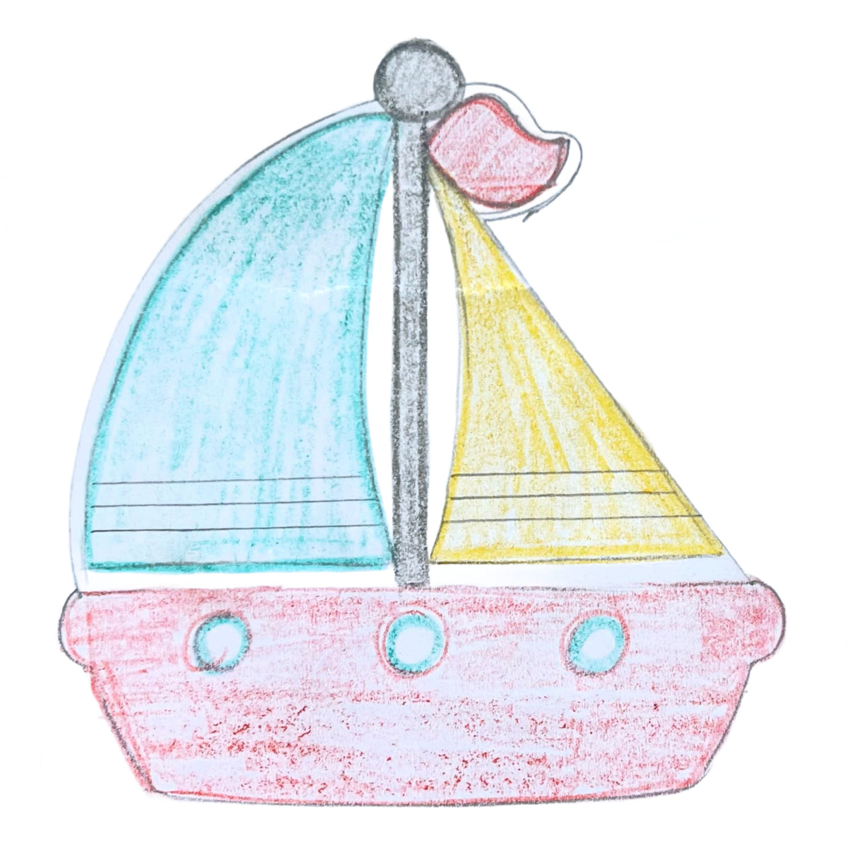 A hand-drawn sailboat cookie cutter with a pink hull turquoise and yellow sails and three light blue portholes