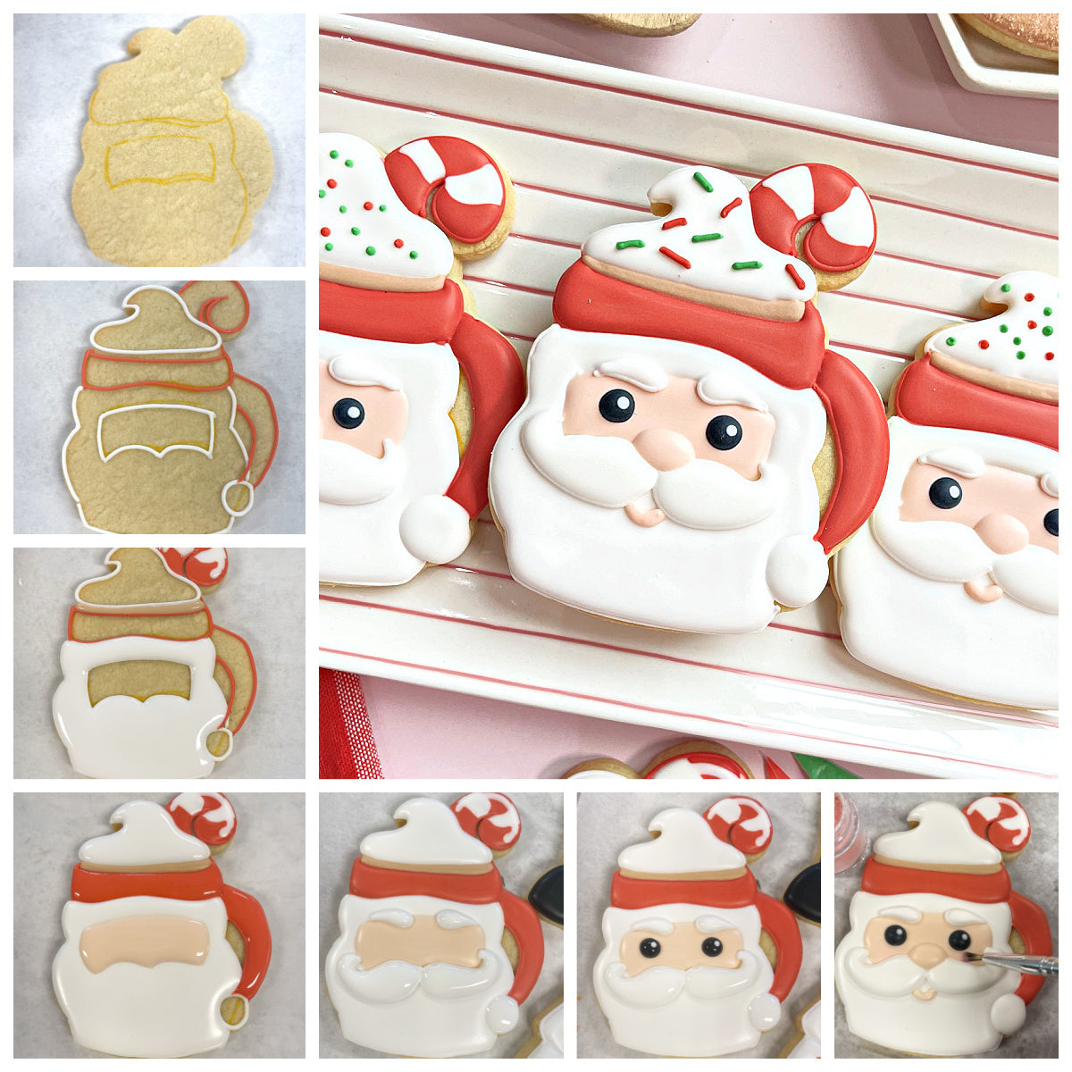 Delicate sugar cookies shaped like santa claus decorated with white icing red accents and colorful sprinkles made using santa mug cookie cutter