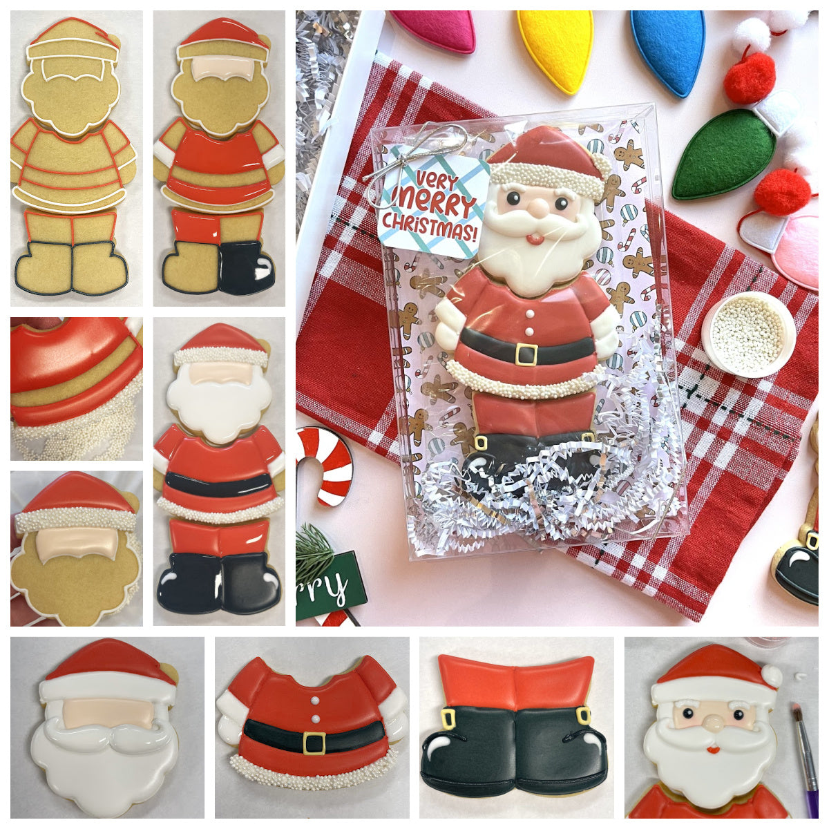 A festive red and white santa claus cookie decorated with icing and a gold belt buckle made using the santa 3-in-1 multi-cookie cutter