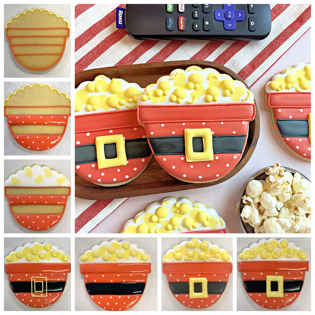 Santa popcorn bowl cookie cutter shaped cookies with red and white polka dots and yellow candy corn toppings