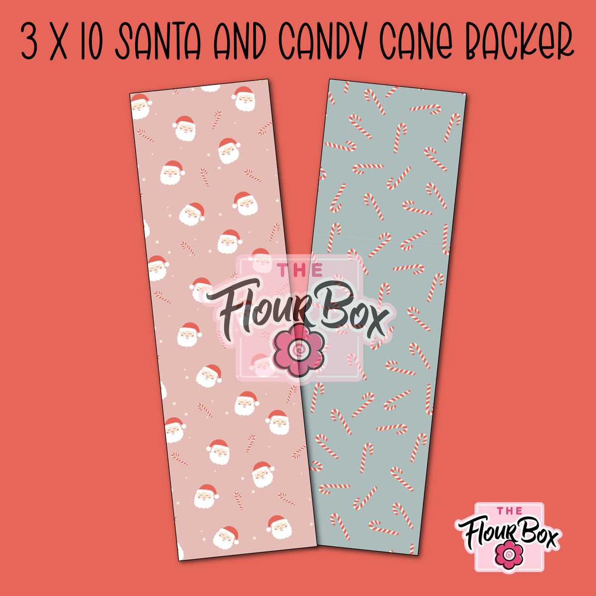 Two festive santa and candy cane cookie box backers with pink santa faces and light blue candy cane patterns 3x10 inches