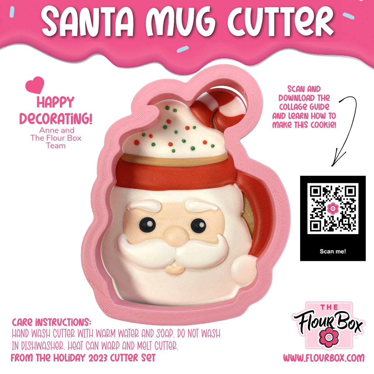 Pink santa mug cookie cutter with red hat and white beard design for festive holiday baking