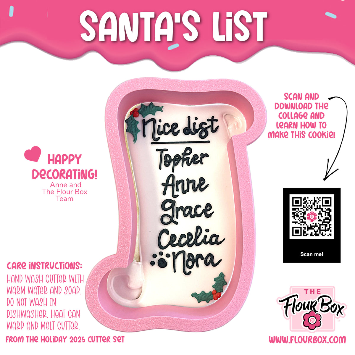 Pink silicone Santa’s scroll list cookie cutter with nice list and names engraved in black icing decorated with holly