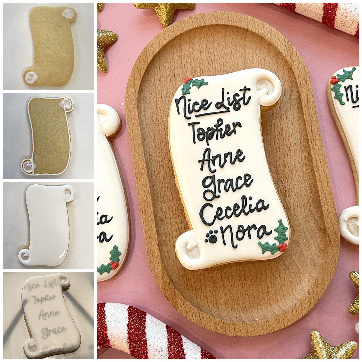 Santa’s Scroll List cookie cutter shaped white frosted scroll cookie with black icing text nice list and holly decoration