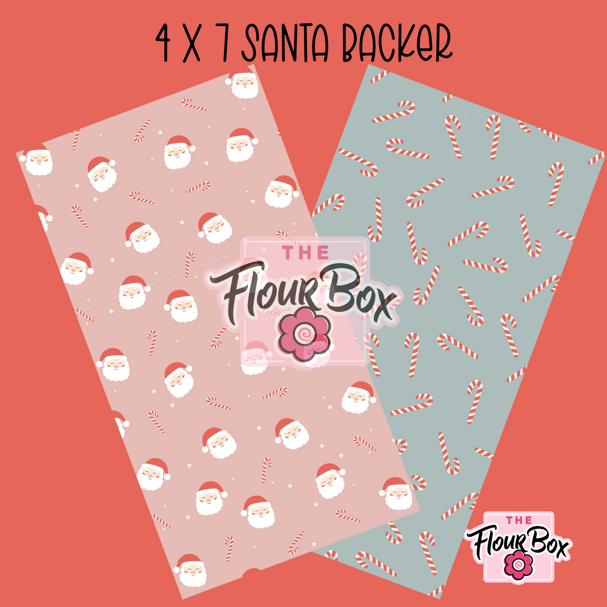 Santa and candy cane cookie box backer featuring pink and teal cartoon santas and candy canes in 4 by 7 inches