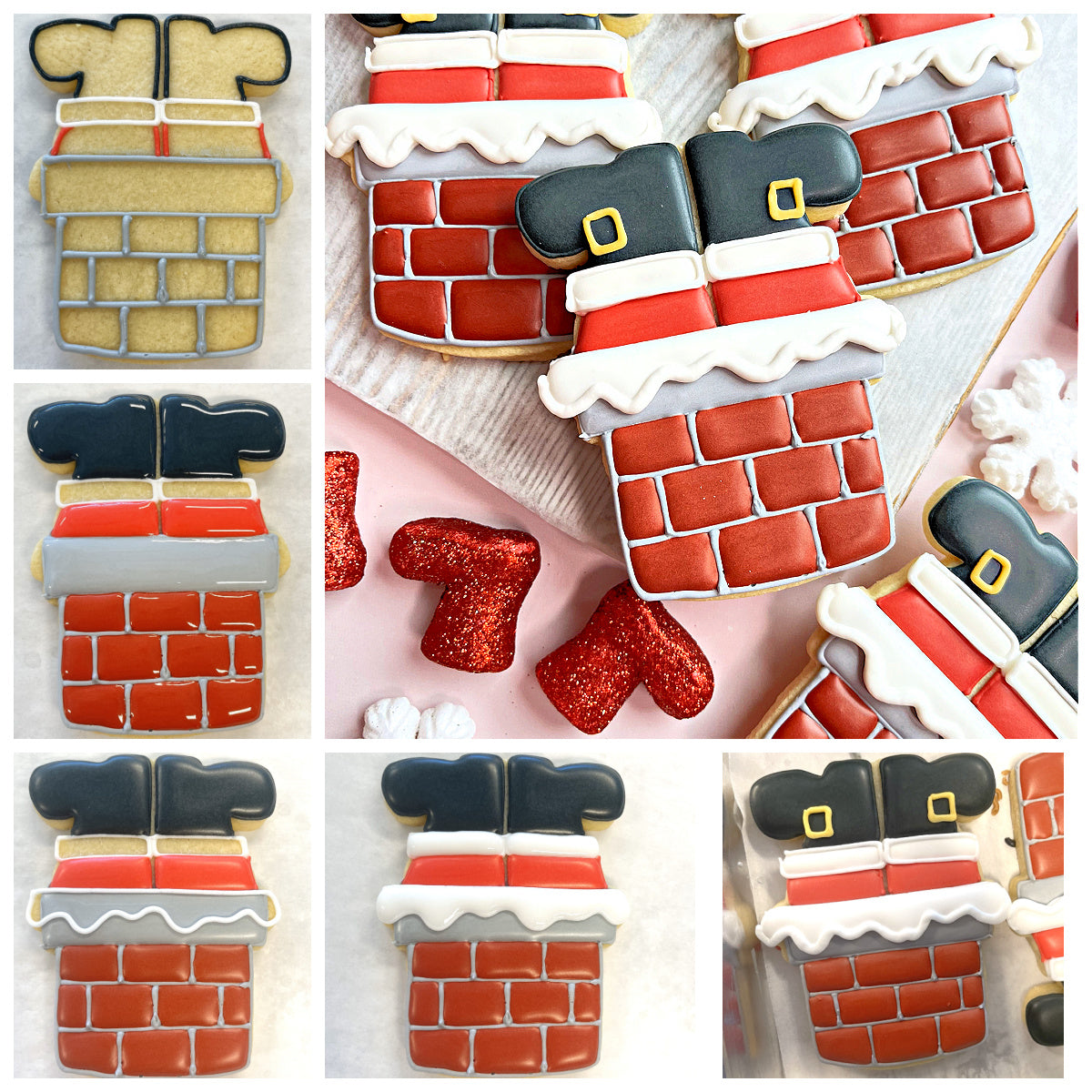Red and white frosted christmas chimney cookies with black santa hats and gold buckles made using santa in chimney cookie cutter