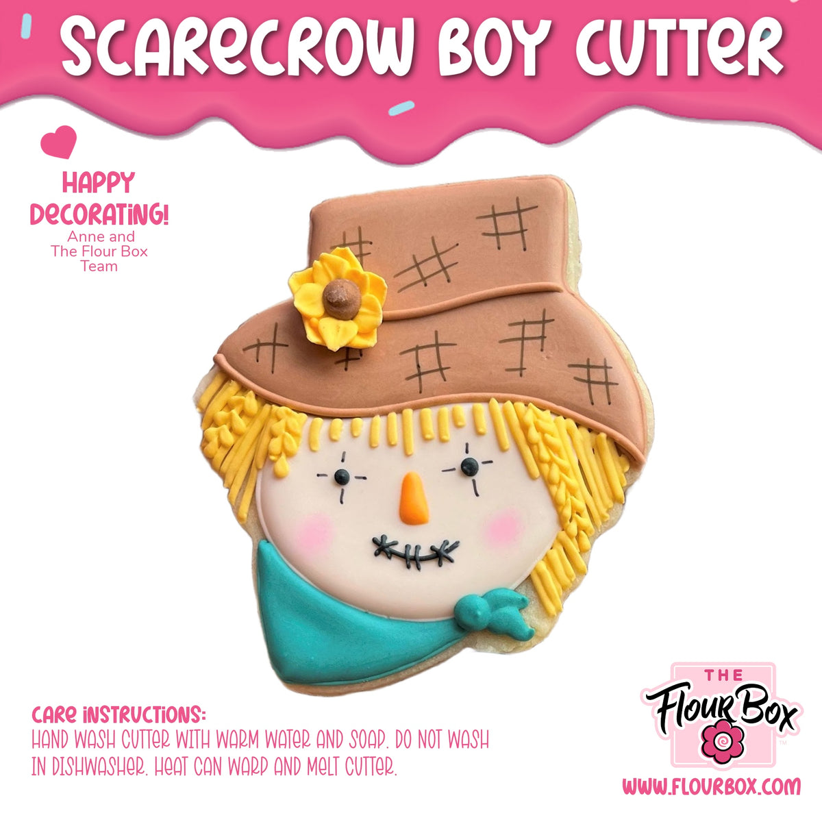 Scarecrow boy face cookie cutter in brown tan and yellow with stitched face straw hair and sunflower accent