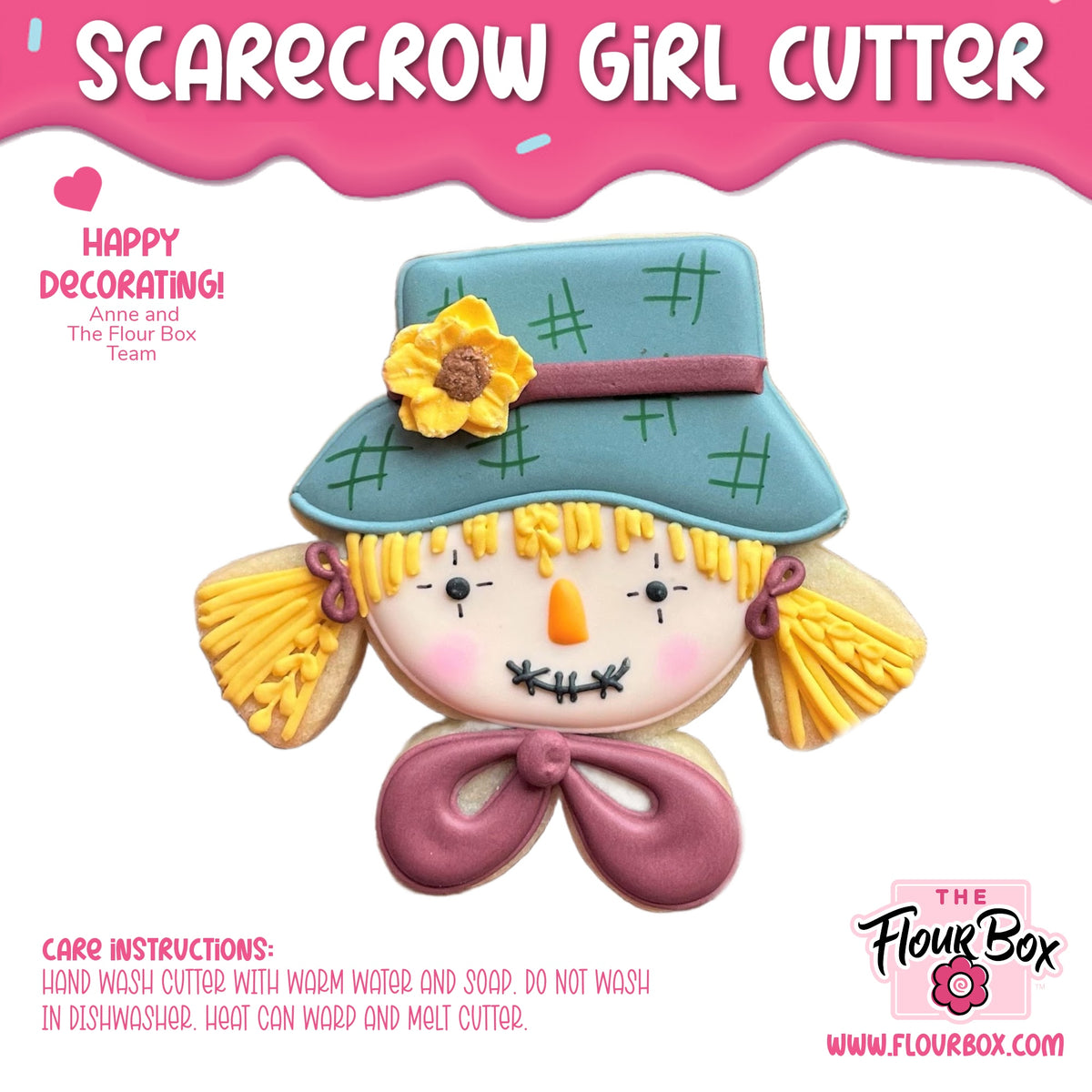 Scarecrow girl face cookie cutter with blue plaid hat yellow pigtails pink cheeks and purple bow for baking fun