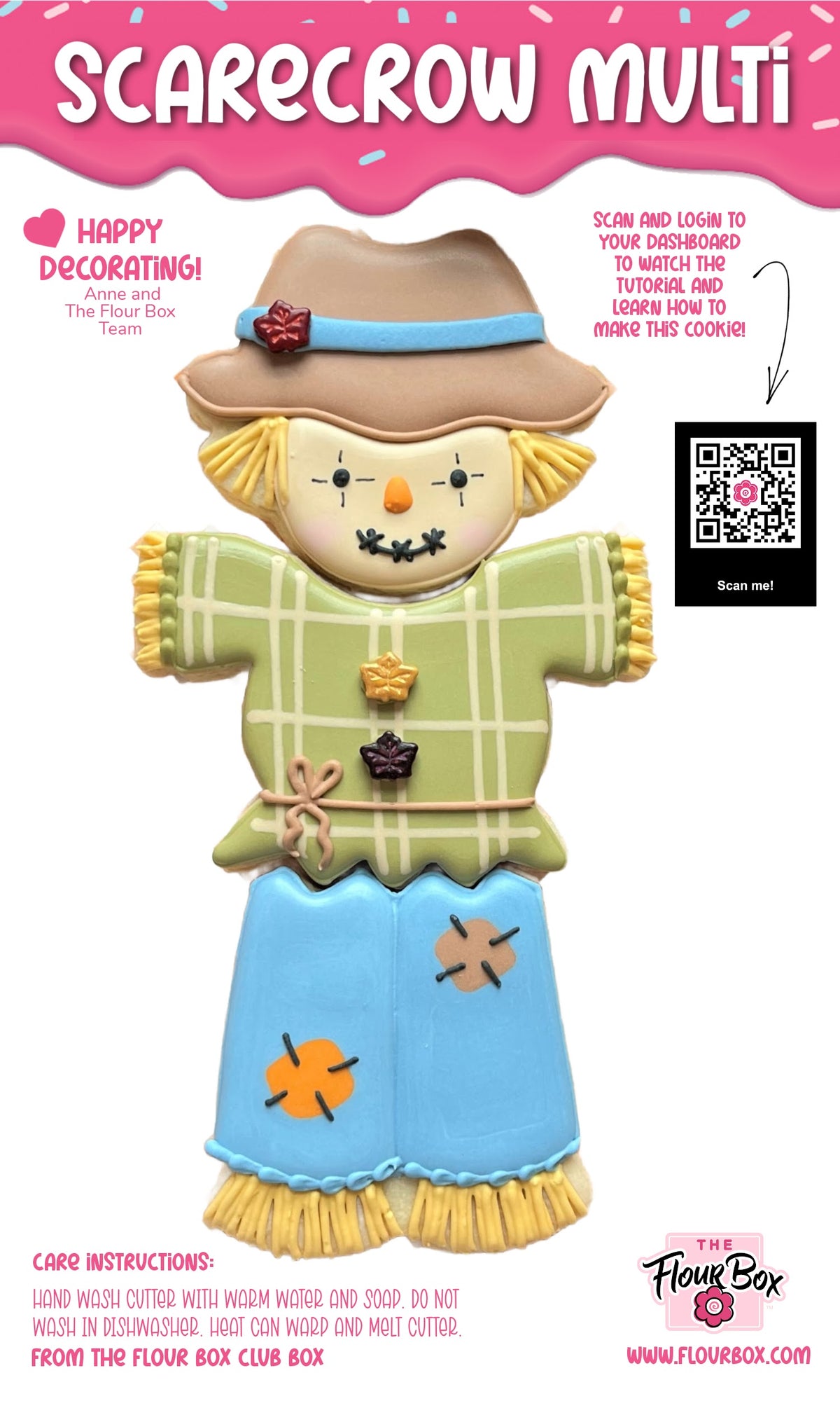 Scarecrow 3-in-1 multi-cookie cutter handcrafted with detailed tan hat blue band red flower and colorful floral clothing design
