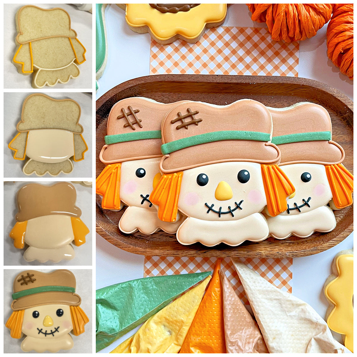 Delicate sugar cookies shaped like cheerful scarecrows with tan hats and orange yarn hair made using cute scarecrow face cookie cutter