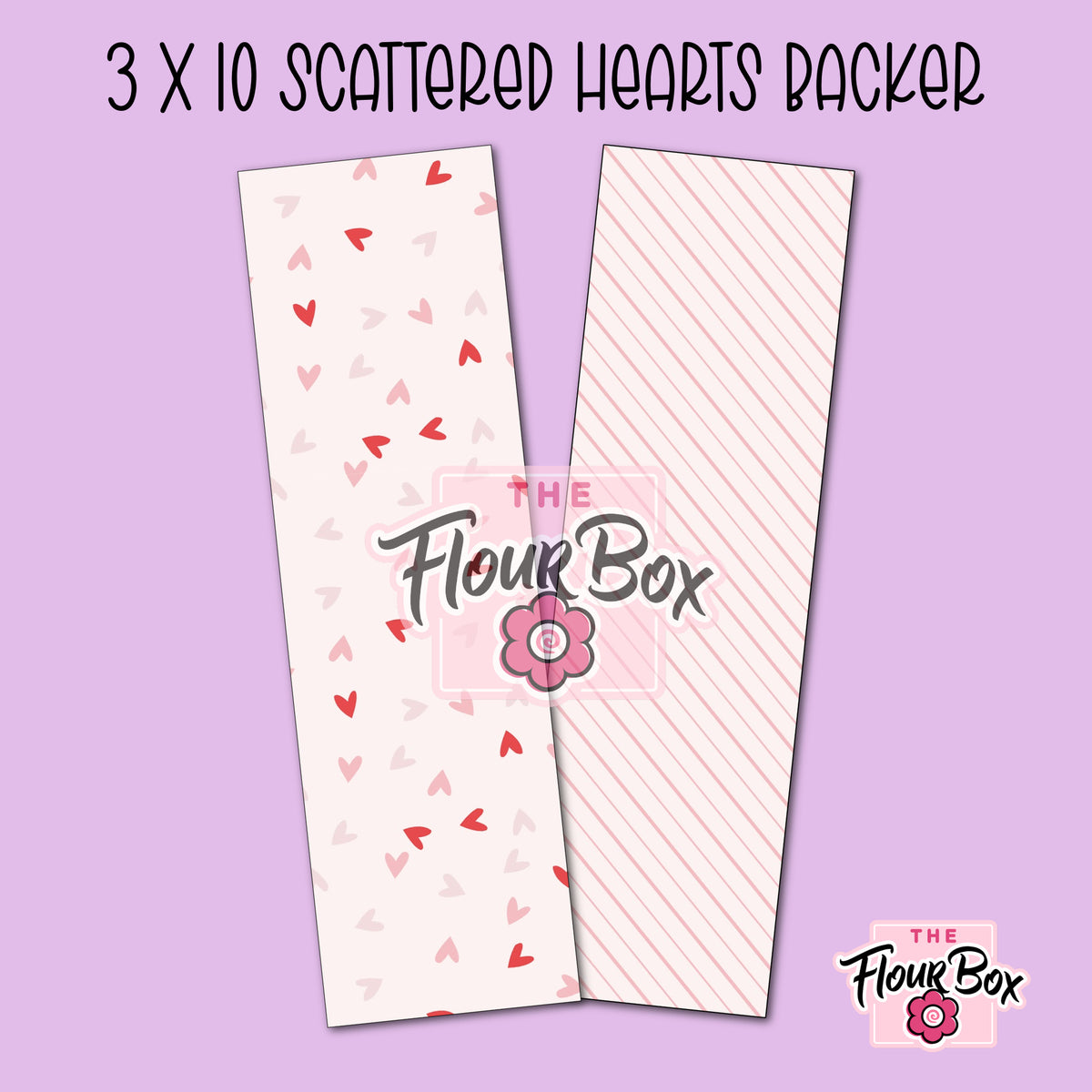 The flour box scattered hearts cookie box backer features a soft cream background with red and pale pink hearts