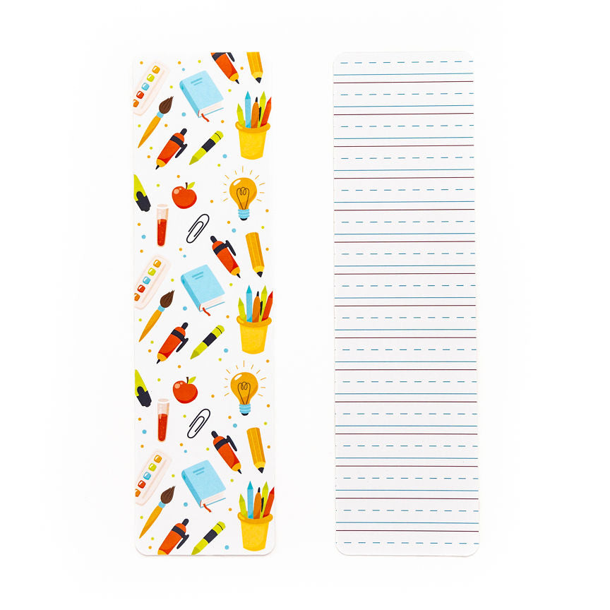A colorful illustrated school pattern ruled paper cookie bag backer card with cartoon pencils books and light bulbs on white background