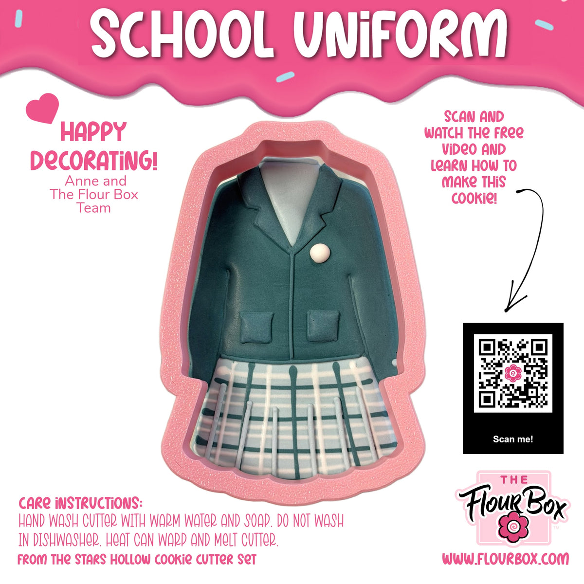 A pink silicone school uniform cookie cutter shaped like a dark green blazer and plaid skirt