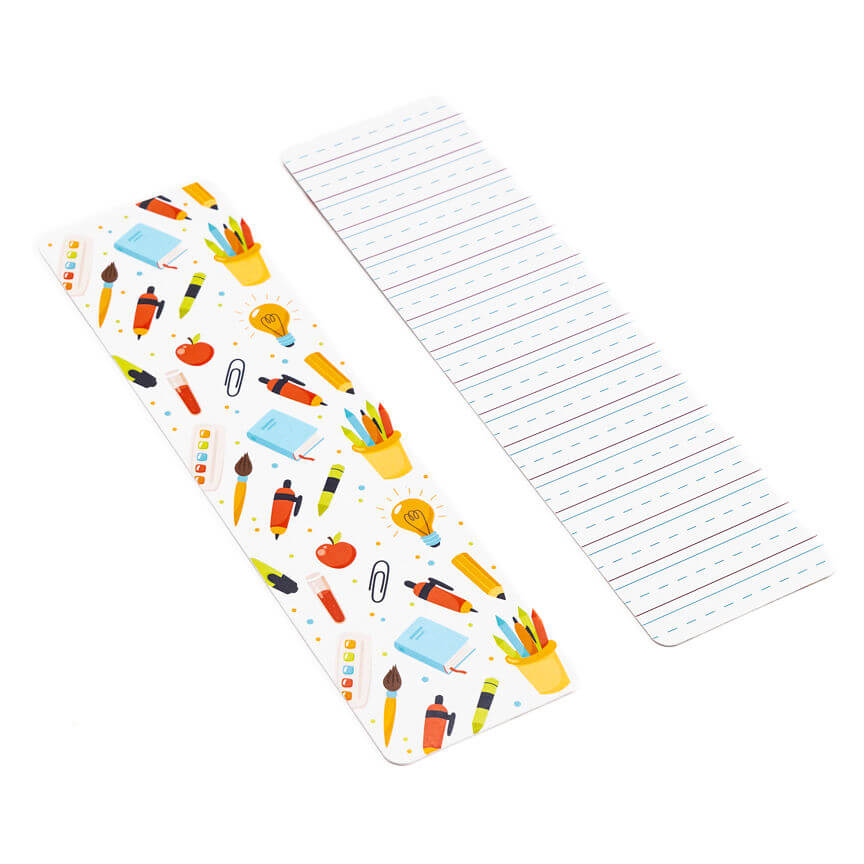 White bookmark with colorful school supplies illustration for school pattern ruled paper cookie bag backer card 2.625 x 9.5 inches