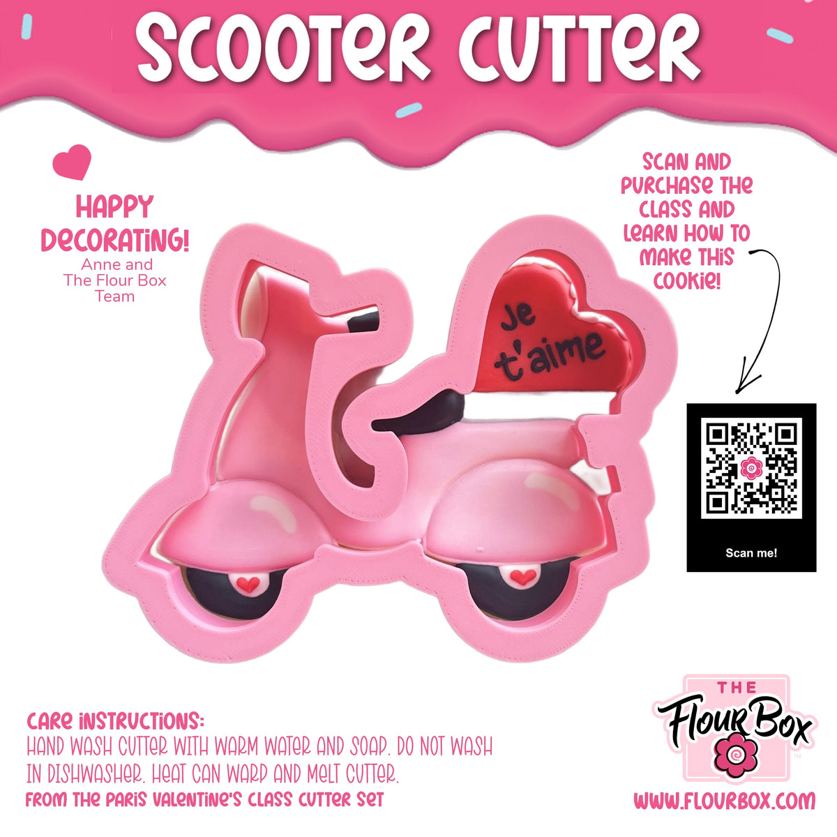 Pink plastic scooter cookie cutter with red heart on seat reading je taime for baking and decorating