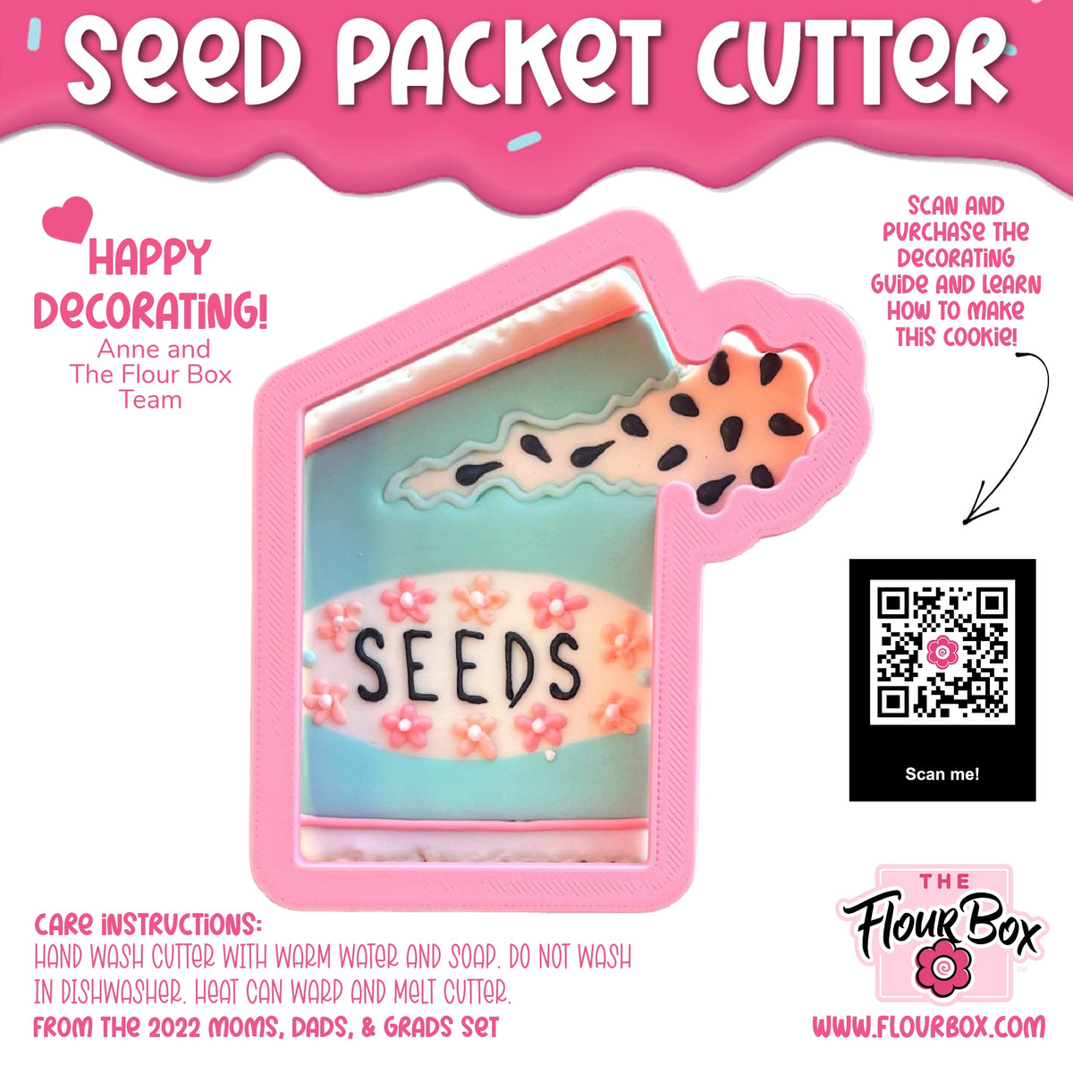 Pink plastic seed packet cookie cutter shaped like an open cookie jar with teal interior and floral design