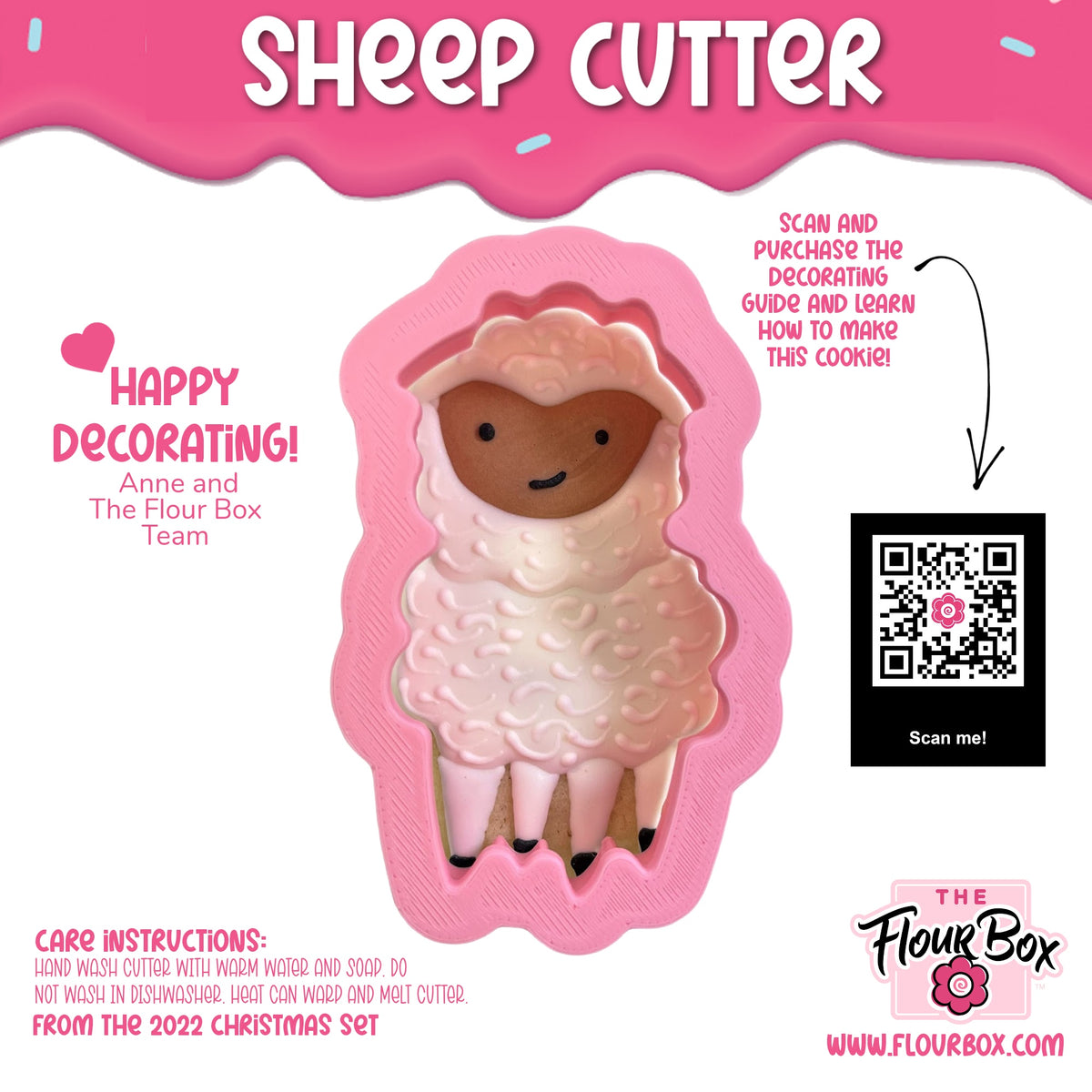 Pink silicone sheep cookie cutter with textured wool surface and black feet for baking and crafting