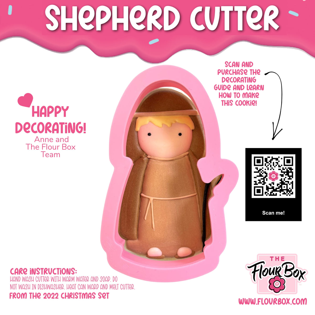 Pink silicone shepherd cookie cutter with brown fondant figure inside for baking and decorating cookies
