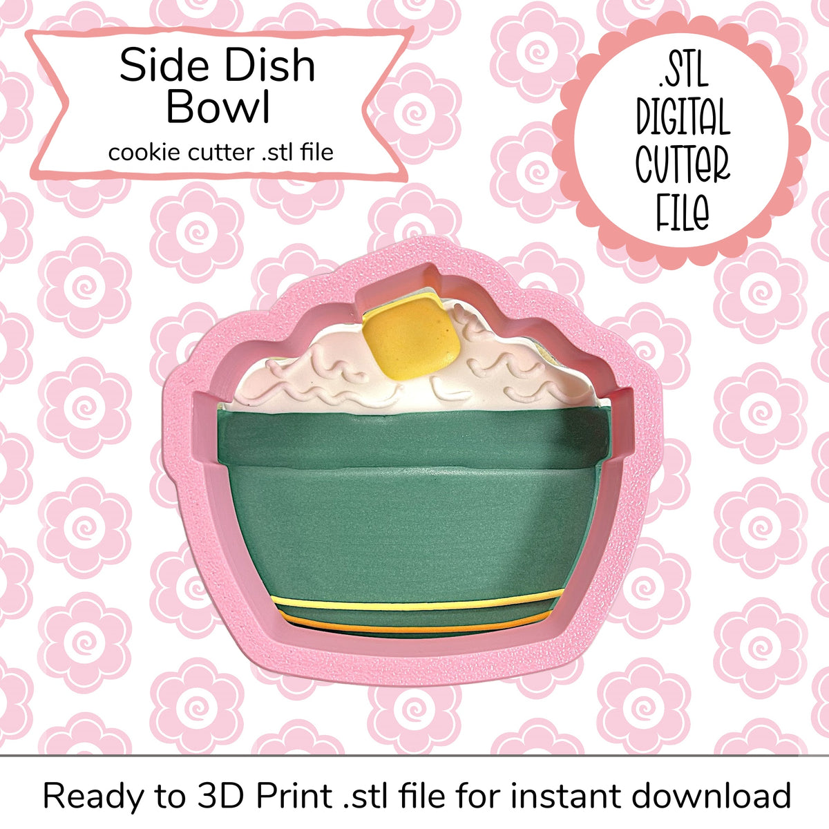 Pink silicone side dish bowl cookie cutter with whipped cream and butter design digital STL file