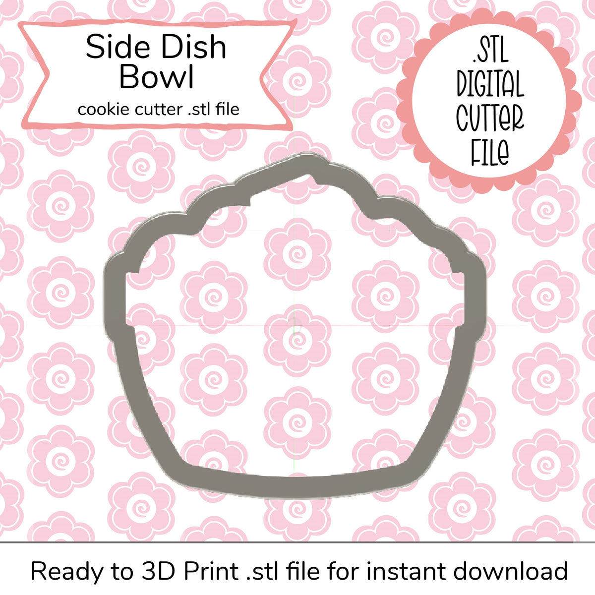 Gray metallic side dish bowl cookie cutter with scalloped rim and smooth rounded edges digital STL file