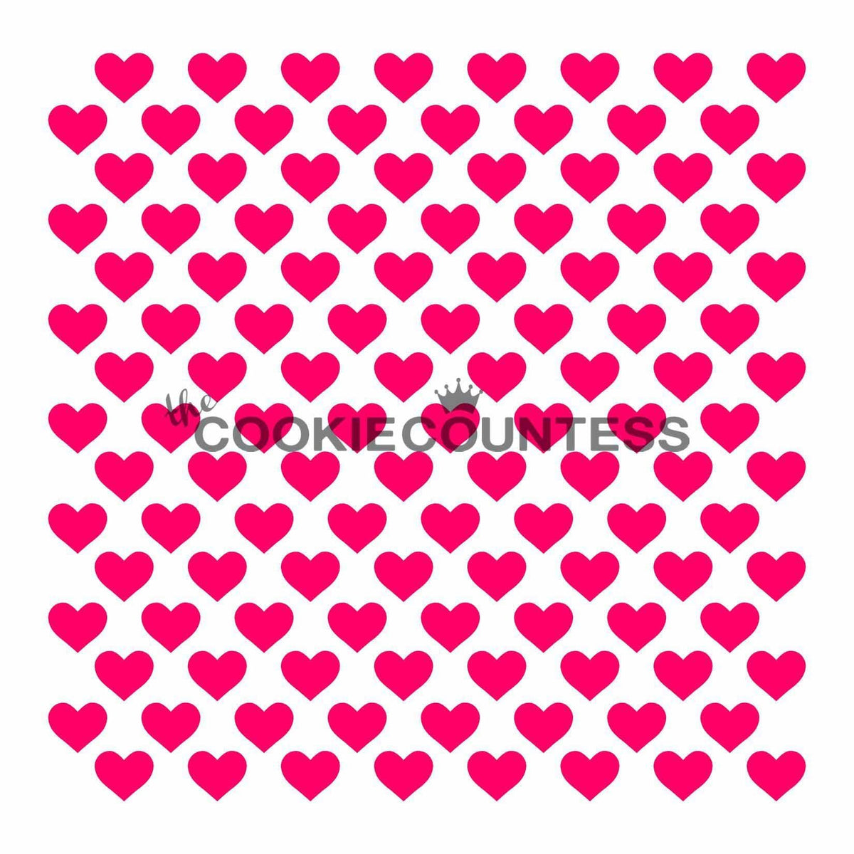 Bright pink heart-shaped metal cookie cutters arranged in a grid pattern for the starter stencil bundle